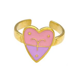 Stainless Steel Heart Rings Zodiac Aries Pink Enamel Gold Plated, approx 12.5-15mm, 18mm dia