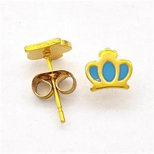 Stainless Steel Crown Stud Earring Teal Enamel Gold Plated, approx 6-7mm