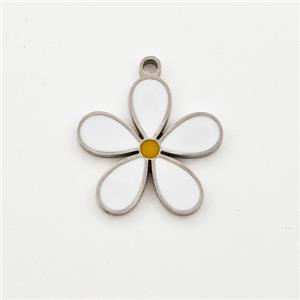 Raw Stainless Steel Flower Pendant White Enamel, approx 14mm