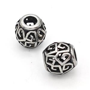 Stainless Steel Round Beads Hollow Large Hole Antique Silver, approx 9-10mm, 4mm hole