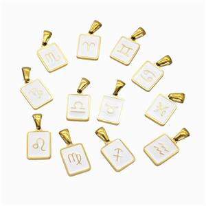 Stainless Steel Symbol Pendant Zodiac White Enamel Rectangle Gold Plated Mixed, approx 11-13mm
