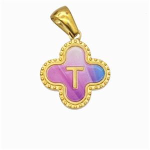 Stainless Steel Clover Pendant Letter-T Painted Gold Plated, approx 15mm