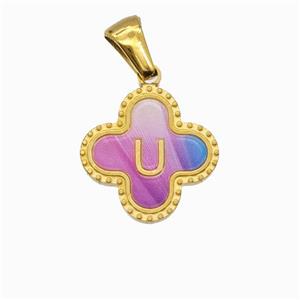 Stainless Steel Clover Pendant Letter-U Painted Gold Plated, approx 15mm