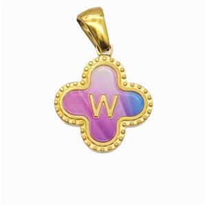 Stainless Steel Clover Pendant Letter-W Painted Gold Plated, approx 15mm