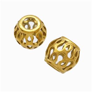 Titanium Steel Round Beads Large Hole Hollow Gold Plated, approx 9-10mm, 4mm hole