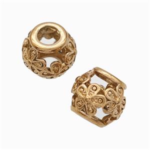 Titanium Steel Round Beads Large Hole Hollow Flower Rose Gold, approx 9-10mm, 4mm hole