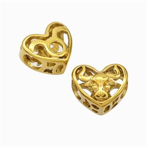Titanium Steel Heart Beads Zodiac Taurus Large Hole Hollow Gold Plated, approx 12mm, 4mm hole