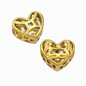 Titanium Steel Heart Beads Zodiac Gemini Large Hole Hollow Gold Plated, approx 12mm, 4mm hole