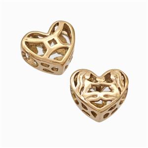 Titanium Steel Heart Beads Zodiac Gemini Large Hole Hollow Rose Gold, approx 12mm, 4mm hole