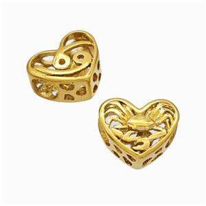 Titanium Steel Heart Beads Zodiac Cancer Large Hole Hollow Gold Plated, approx 12mm, 4mm hole