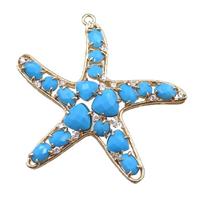 copper starfish pendant paved zircon with blue crystal glass, hollow, gold plated, approx 50mm