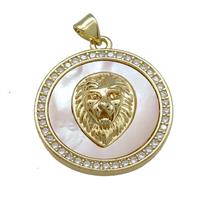 Lion Charms Copper Circle Pendant Pave Shell Zircon Circle 18K Gold Plated, approx 25mm
