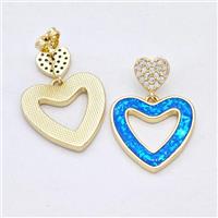 Copper Heart Stud Earrings Pave Blue Fire Opal Zirconia 18K Gold Plated, approx 8mm, 18mm