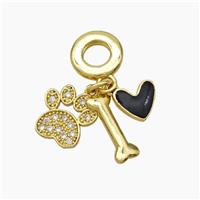 Copper Dogbone Paw Heart Pendant Pave Zirconia Black Enamel 18K Gold Plated, approx 11mm, 8mm, 6-14mm