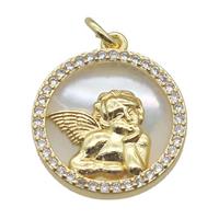 copper circle pendant pave zircon with shell faery, gold plated, approx 15mm dia
