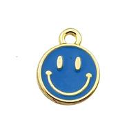 copper emoji pendant with blue enameled, smile face, gold plated, approx 10mm