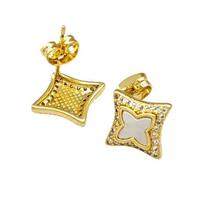 Copper Stud Earrings Pave Shell Zirconia Star 18K Gold Plated, approx 13.5mm