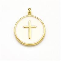 Copper Circle Pendant Cross White Enamel Gold Plated, approx 15mm