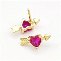 Copper Stud Earrings Pave Fuchsia Zircon Cupids Arrow Heart Gold Plated, approx 6-14mm