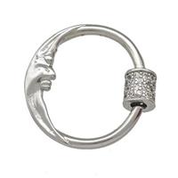 Copper Carabiner Clasp Pave Zircon Moon Platinum Plated, approx 21mm