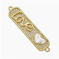 Copper Love Heart Connector Micropave Zirconia Shell Stick 18K Gold Plated, approx 10-38mm