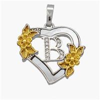 Copper Heart Pendant Pave Shell Zirconia Letter-B Platinum Plated 18K Gold Flower, approx 20mm