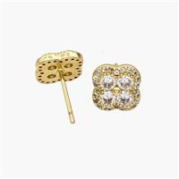 Copper Clover Stud Earrings Pave Zirconia Gold Plated, approx 10mm