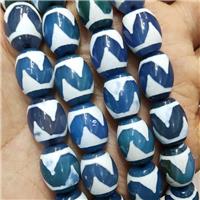 Tibetan Style Agate Barrel Beads Wave White Blue, approx 12-16mm, 22pcs per st