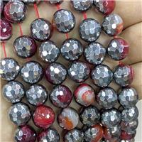 Natural Stripe Agate Beads Faceted Round Red Dye Platinum Plated, approx 12mm dia