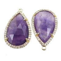 Amethyst pendant pave rhinestone, faceted teardrop, approx 16-25mm