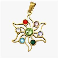 Stainless Steel Flower Pendant Micropave Rhinestone Chakra Gold Plated, approx 24mm