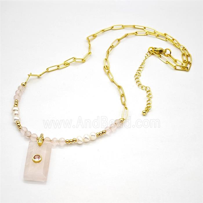 Pink Rose Quartz Pendant Copper Chain Necklaces