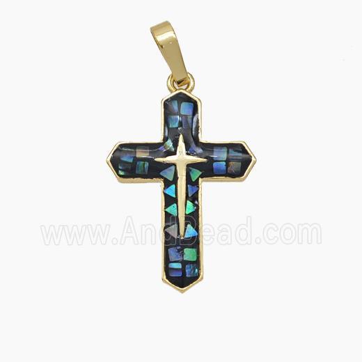 Copper Cross Pendant Pave Abalone Shell 18K Gold Plated