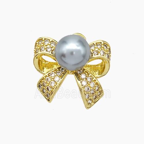 Copper Knotbow Pendant Pave Zirconia Gray Pearlized Resin Gold Plated