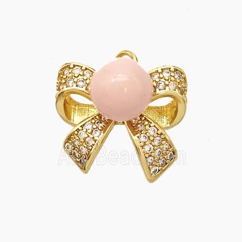 Copper Knotbow Pendant Pave Zirconia Pink Pearlized Resin Gold Plated