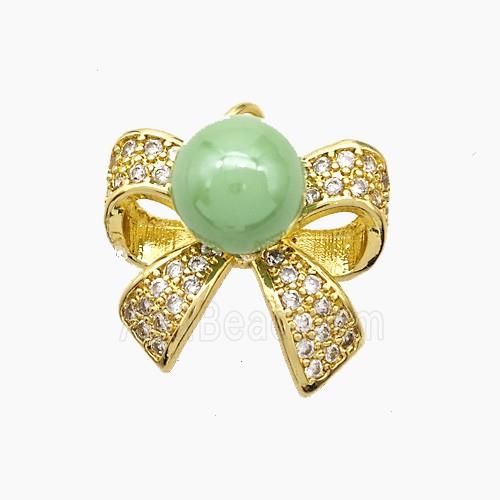 Copper Knotbow Pendant Pave Zirconia Green Pearlized Resin Gold Plated