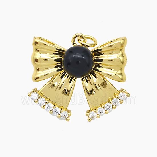 Copper Knotbow Pendant Pave Zirconia Black Pearlized Resin Gold Plated