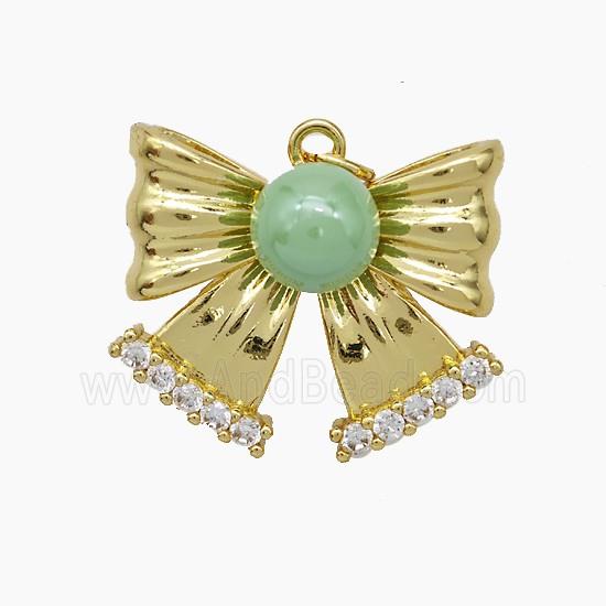 Copper Knotbow Pendant Pave Zirconia Green Pearlized Resin Gold Plated