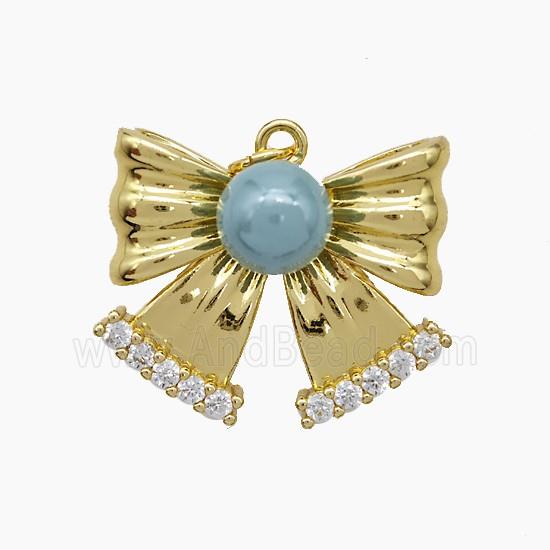 Copper Knotbow Pendant Pave Zirconia Grayblue Pearlized Resin Gold Plated