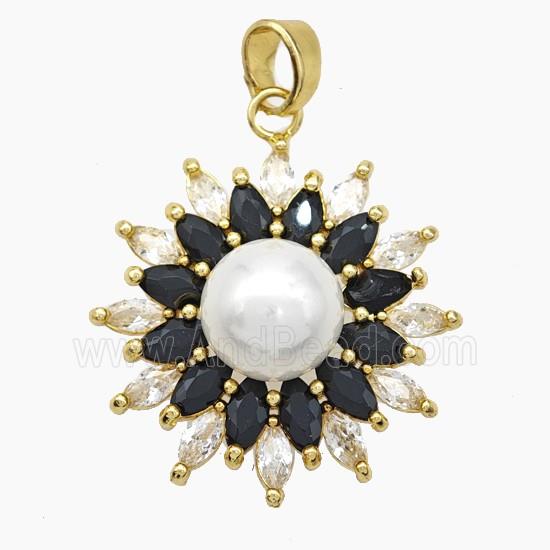 Copper Flower Pendant Pave Zirconia White Pearlized Resin Gold Plated