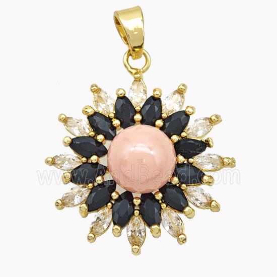 Copper Flower Pendant Pave Zirconia Pink Pearlized Resin Gold Plated