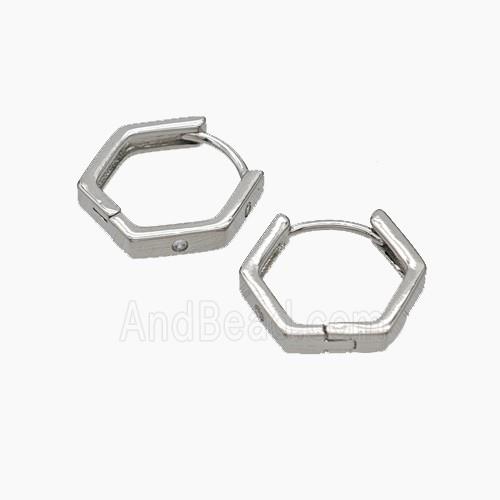 Copper Hexagon Hoop Earrings Micropave Zirconia Platinum Plated