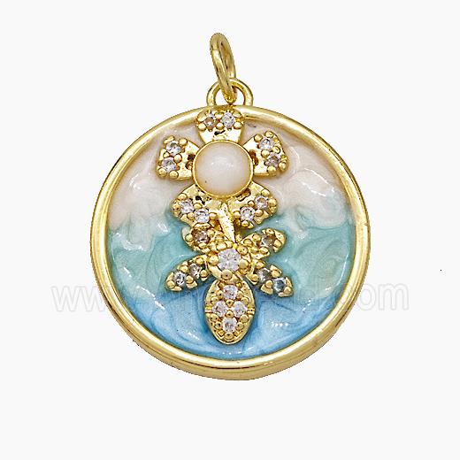 Copper Flower Pendant Pave Zirconia Circle Painted Gold Plated