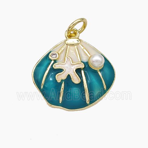 Copper Scallop Shell Pendant Pave Pearlized Resin Teal Painted Gold Plated
