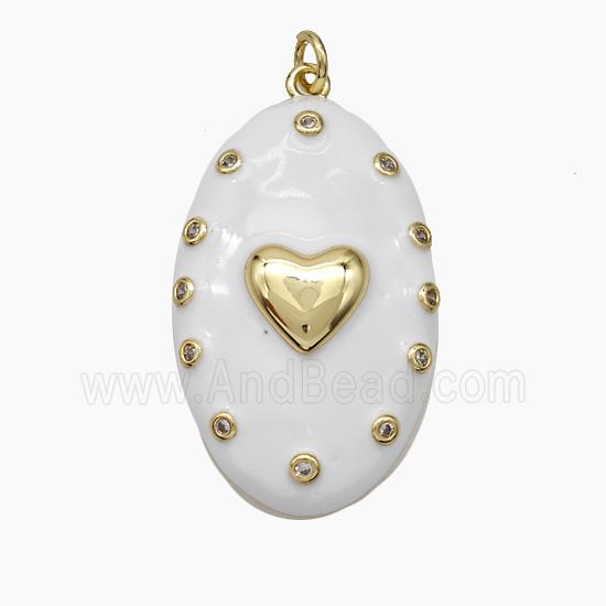 Copper Oval Pendant White Enamel Heart Gold Plated