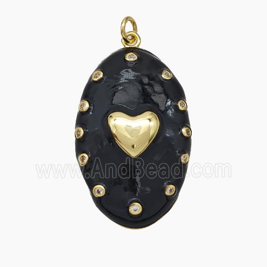 Copper Oval Pendant Black Enamel Heart Gold Plated