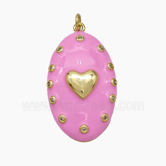 Copper Oval Pendant Pink Enamel Heart Gold Plated