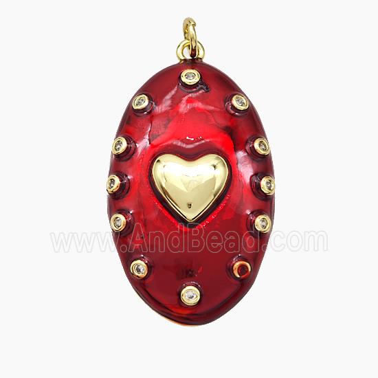 Copper Oval Pendant Red Painted Heart Gold Plated