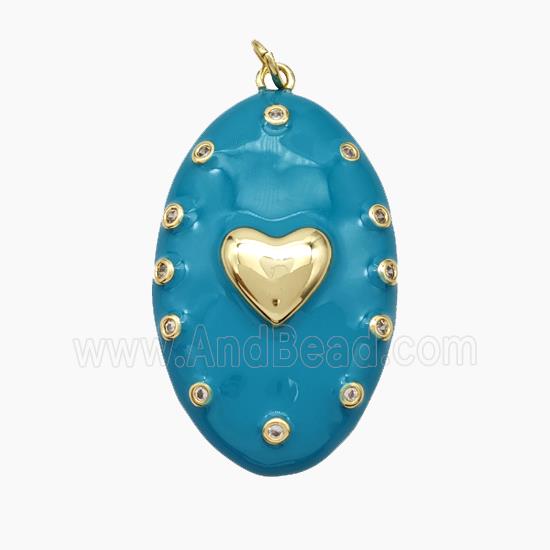 Copper Oval Pendant Teal Enamel Heart Gold Plated