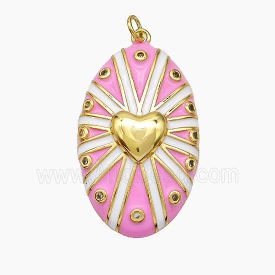 Copper Oval Pendant Pink Enamel Heart Gold Plated